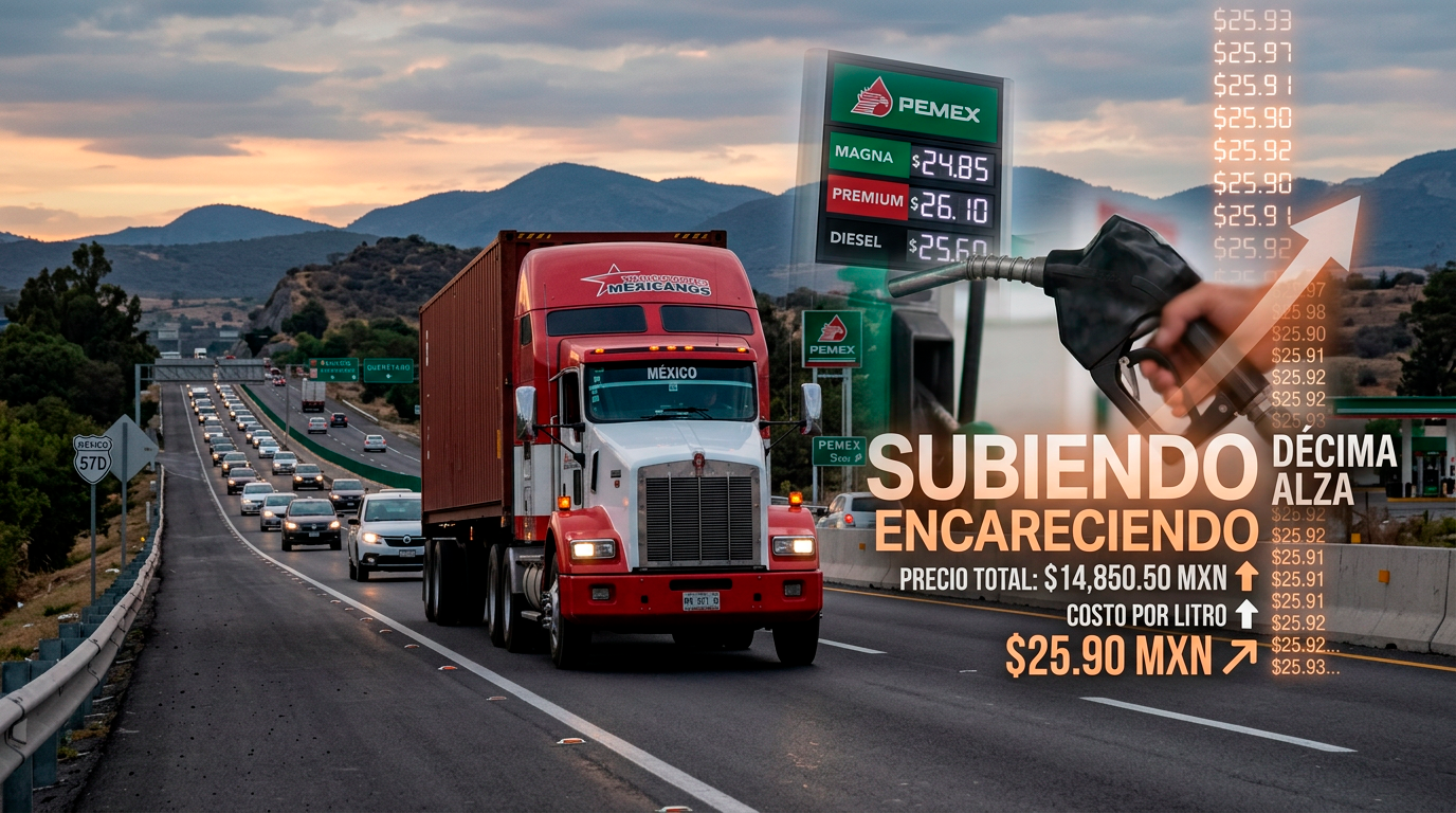 Camión de carga en carretera mexicana — impacto del precio de la gasolina en la cadena de suministro
